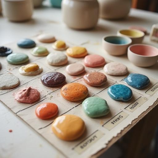 様々な色の釉薬サンプルが並べられたパレット